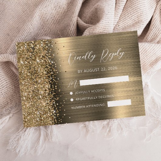 Elegant Gold Brushed Metal Glitter Script Wedding RSVP Kaartje