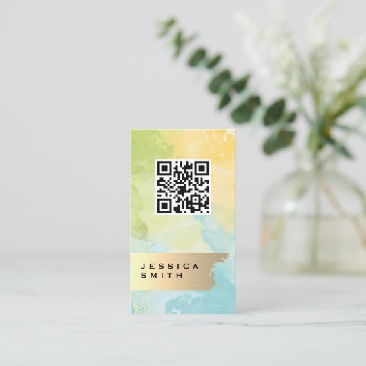 Elegant Gold Brushed | QR-code | WATERVERF Visitekaartje (Staand voorkant)