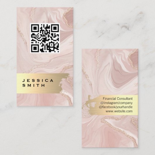 Elegant Gold Brushed | QR-scan | Roze marmer Visitekaartje (Voorkant / Achterkant)