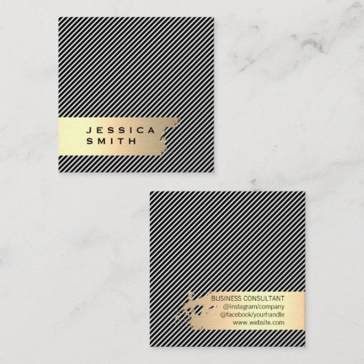 Elegant Gold Brushed Stripes / Black Vierkante Visitekaartje (Voorkant / Achterkant)