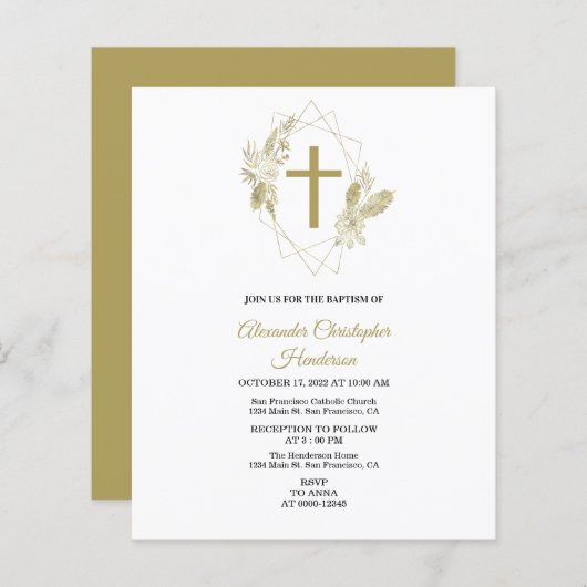 Elegant Gold/BUDGET/Baptisme uitnodiging. (Voorkant / Achterkant)