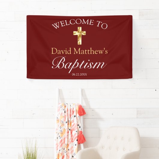Elegant Gold Burgundy Baby Baptism Welkomstbanner Spandoek (Insitu)