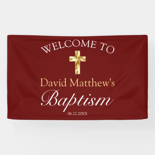 Elegant Gold Burgundy Baby Baptism Welkomstbanner Spandoek (Horizontaal)