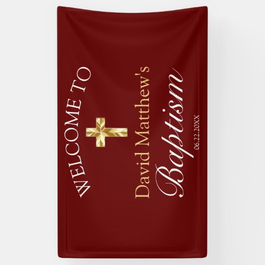 Elegant Gold Burgundy Baby Baptism Welkomstbanner Spandoek (Verticaal)
