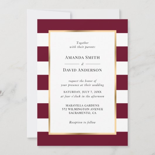 Elegant Gold Burgundy en White Stripes Wedding Kaart (Voorkant)