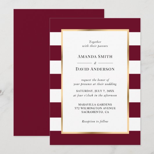 Elegant Gold Burgundy en White Stripes Wedding Kaart (Voorkant / Achterkant)