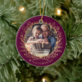 Elegant Gold & Burgundy familie Baking Photo Wreat Keramisch Ornament