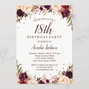 Elegant Gold Burgundy Floral 18e verjaardag Kaart