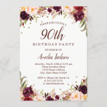 Elegant Gold Burgundy Floral 90th Birthday Party Kaart<br><div class="desc">griepvaccinaties in de Little Bayleigh Store.</div>