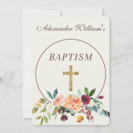 Elegant Gold Burgundy Floral Baby Christening Kaart