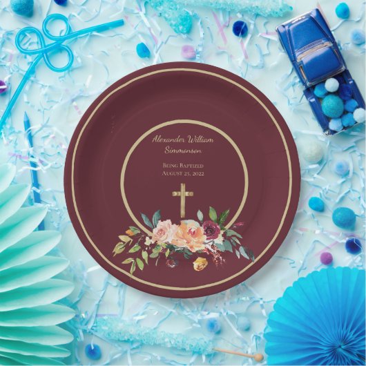 Elegant Gold Burgundy Floral Baby Christening Papieren Bordje (Feest)