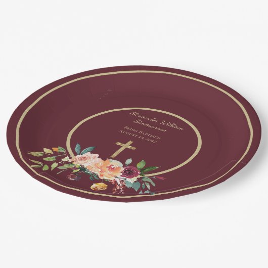 Elegant Gold Burgundy Floral Baby Christening Papieren Bordje (Gekanteld)