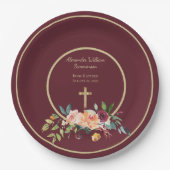 Elegant Gold Burgundy Floral Baby Christening Papieren Bordje (Voorkant)