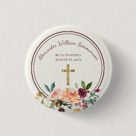 Elegant Gold Burgundy Floral Baby Christening Ronde Button 3,2 Cm