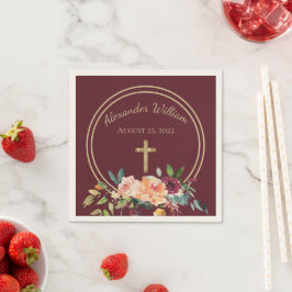 Elegant Gold Burgundy Floral Baby Christening Servet