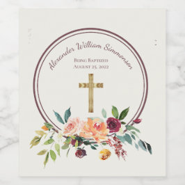 Elegant Gold Burgundy Floral Baby Christening Wijn Etiket