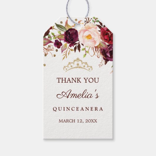 Elegant Gold Burgundy Floral Quinceanera Cadeaulabel (Voorkant)