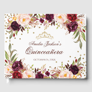 Elegant Gold Burgundy Floral Quinceanera Gastenboek
