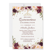 Elegant Gold Burgundy Floral Quinceanera