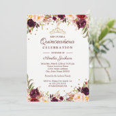 Elegant Gold Burgundy Floral Quinceanera Kaart (Staand voorkant)