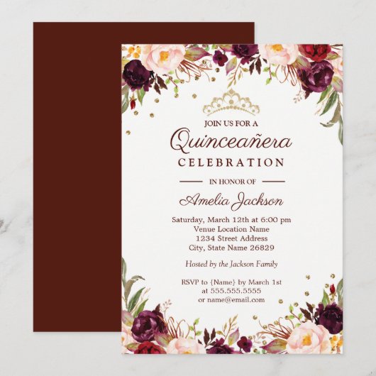 Elegant Gold Burgundy Floral Quinceanera Kaart (Voorkant / Achterkant)