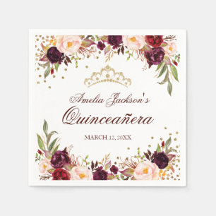 Elegant Gold Burgundy Floral Quinceanera Napkin Servet