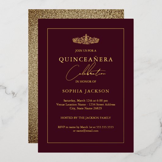 Elegant Gold Burgundy Quinceanera 15e verjaardag Folie Uitnodiging (Voorkant / Achterkant)