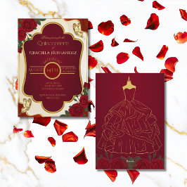 Elegant Gold & Burgundy Quinceañera Invitation Kaart