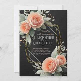 Elegant Gold Burgundy Red en Black Floral Wedding Kaart