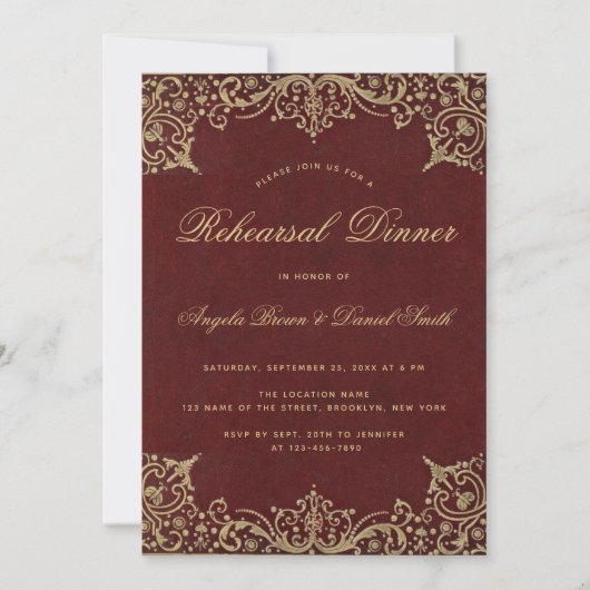 Elegant  Gold Burgundy Red Rehearsal Dinner Kaart (Voorkant)