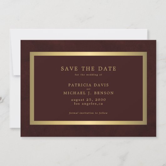 Elegant gold burgundy simple typography wedding save the date (Voorkant)