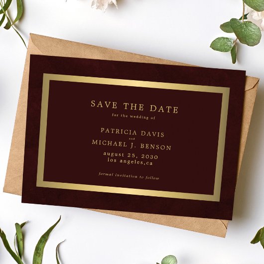 Elegant gold burgundy simple typography wedding save the date