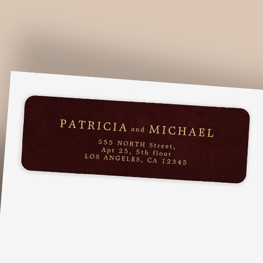 Elegant gold burgundy wedding return address etiket