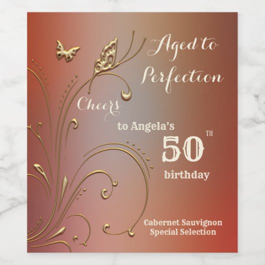 Elegant Gold Butterfly Birthday Wine Label Wijn Etiket (Enkel label)