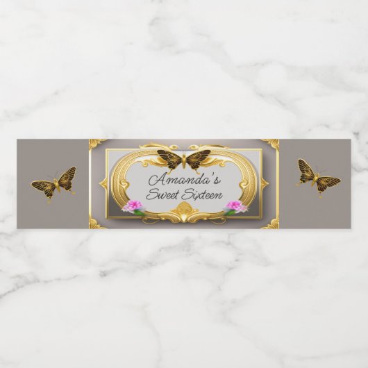 Elegant,  Gold Butterfly Sweet Sixteen Waterfles Etiket (Enkel label)