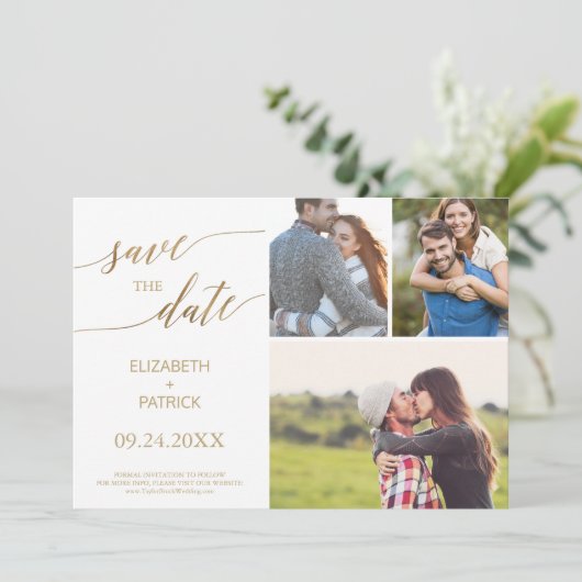 Elegant Gold Calligrafie 3 Foto Collage Save The Date (Staand voorkant)
