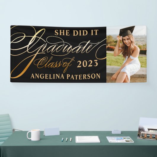 Elegant Gold Calligrafie Afstuderen Klasse 23 Spandoek (Beurs)