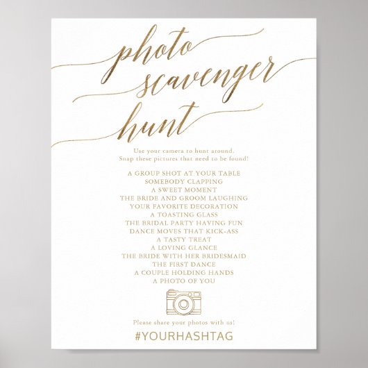 Elegant Gold Calligrafie Foto Scavenger Hunt Sign Poster (Voorkant)