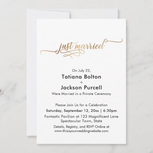 Elegant Gold Calligrafie gewoon gehuwde ontvangst Kaart (Voorkant)