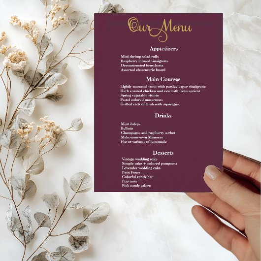 Elegant Gold Calligrafie op Paarse bruiloft Menu
