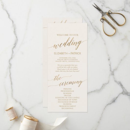 Elegant Gold Calligrafie | Programma Ivory Wedding Programmakaart (Voorkant / Achterkant in situ)