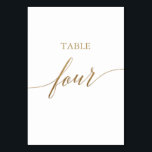 Elegant Gold Calligrafie Tabel Vier Tabelnummer Kaart<br><div class="desc">Deze elegante goudkalligrafietabel vier is perfect voor een eenvoudige bruiloft. Het neutrale ontwerp is voorzien van een minimalistische kaart met romantische en faux gouden folie-typografie. De prints op de voor- en achterzijde van de kaart (dubbelzijdig). Andere tabelnummers in het collectie worden afzonderlijk verkocht. Opmerking: dit ontwerp is niet voorzien van...</div>