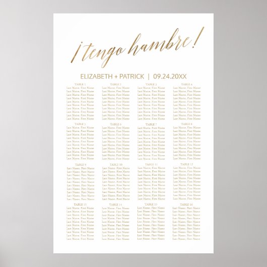 Elegant Gold Calligrafie Tengo Hambre Table Plan Poster (Voorkant)