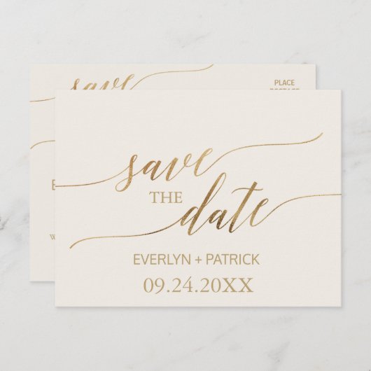 Elegant Gold Calligrafie | Voorbeeld Opslaan datum Aankondigingskaart (Voorkant / Achterkant)