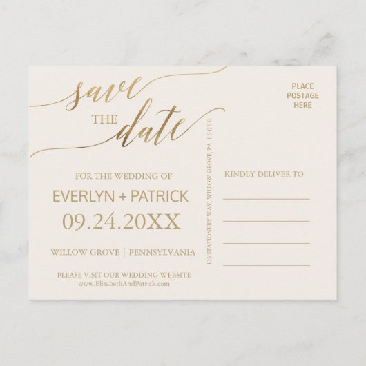 Elegant Gold Calligrafie | Voorbeeld Opslaan datum Aankondigingskaart (Achterkant)