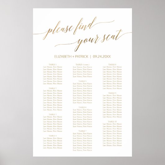 Elegant Gold Calligraphy 90+ Guest Seating Chart Poster (Voorkant)