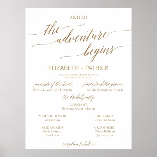 Elegant Gold Calligraphy Adventure Wedding Program Poster (Voorkant)