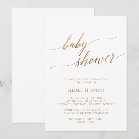 Elegant Gold Calligraphy Baby shower Kaart (Voorkant / Achterkant)