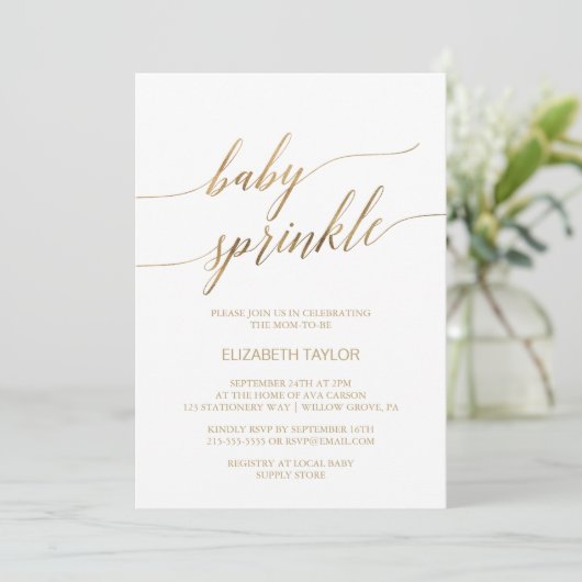 Elegant Gold Calligraphy Baby Sprinkle Kaart (Staand voorkant)