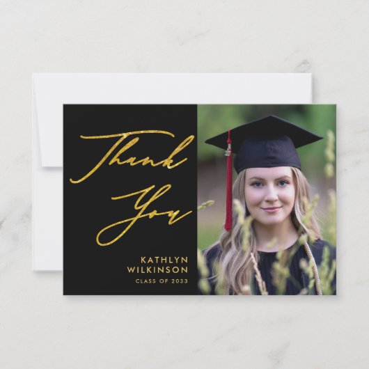 Elegant Gold Calligraphy Black Simple Afstuderen Bedankkaart (Voorkant)